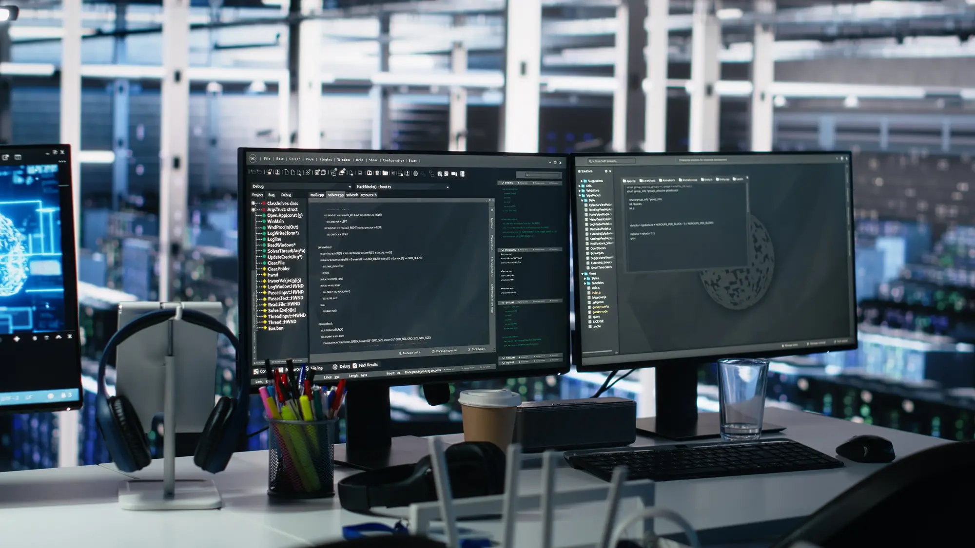 Modern computer workstation with multiple monitors in glass office.