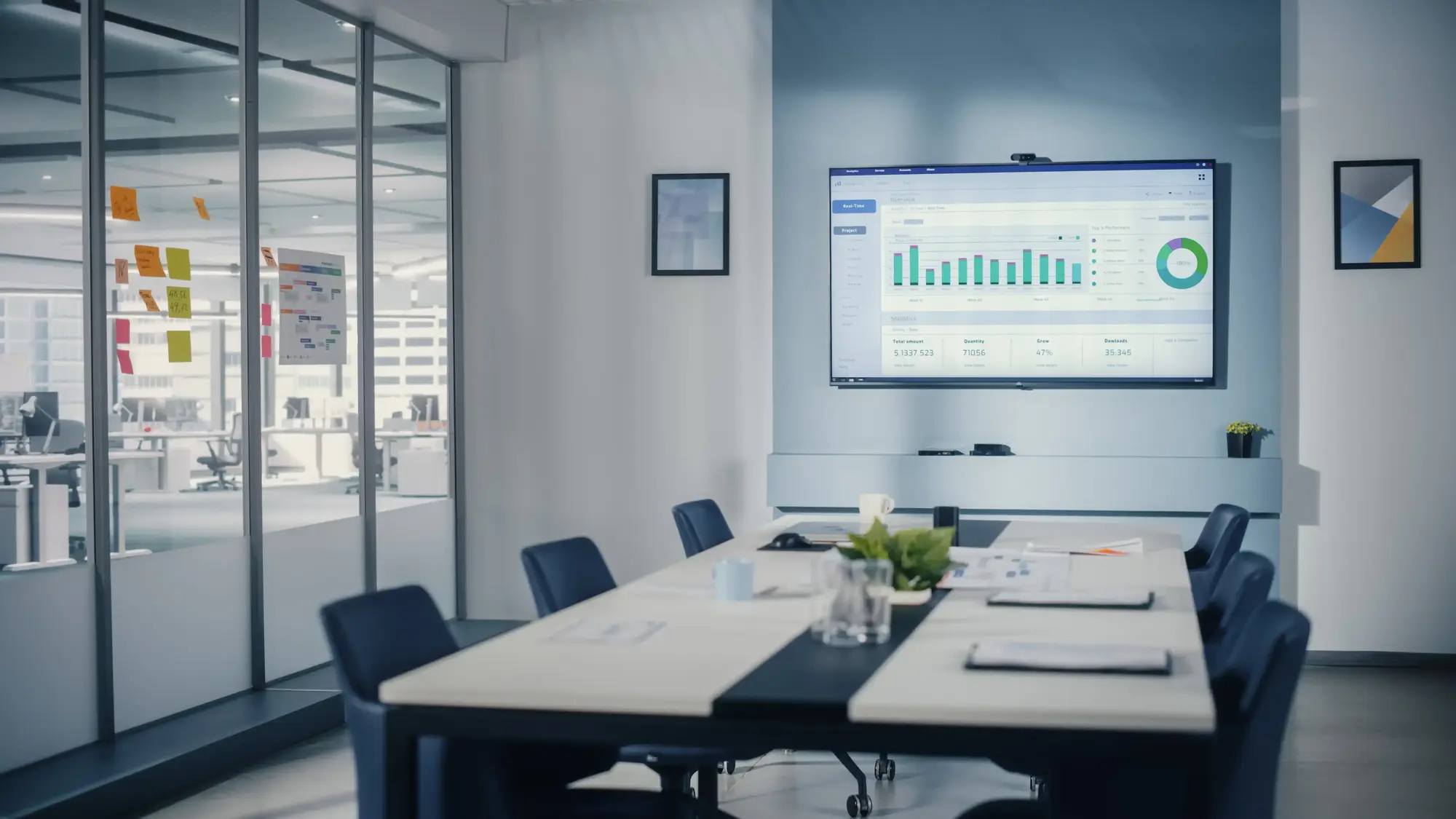 Large conference room with screen presenting various charts.
