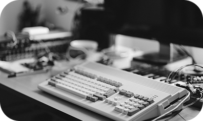 Cluttered desk in black and white