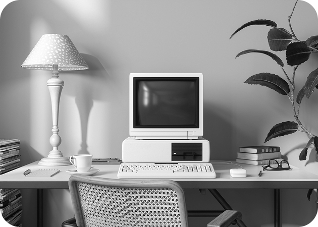 Old computer sitting on tidy desk with books and lamp