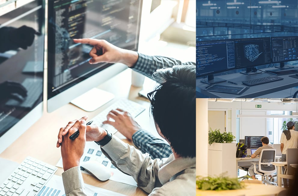 Collage of computers, data centers, and information technology workers.