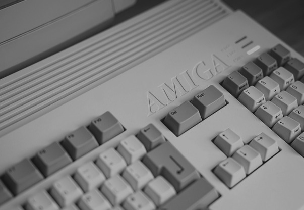 Old Amiga keyboard closeup; black and white